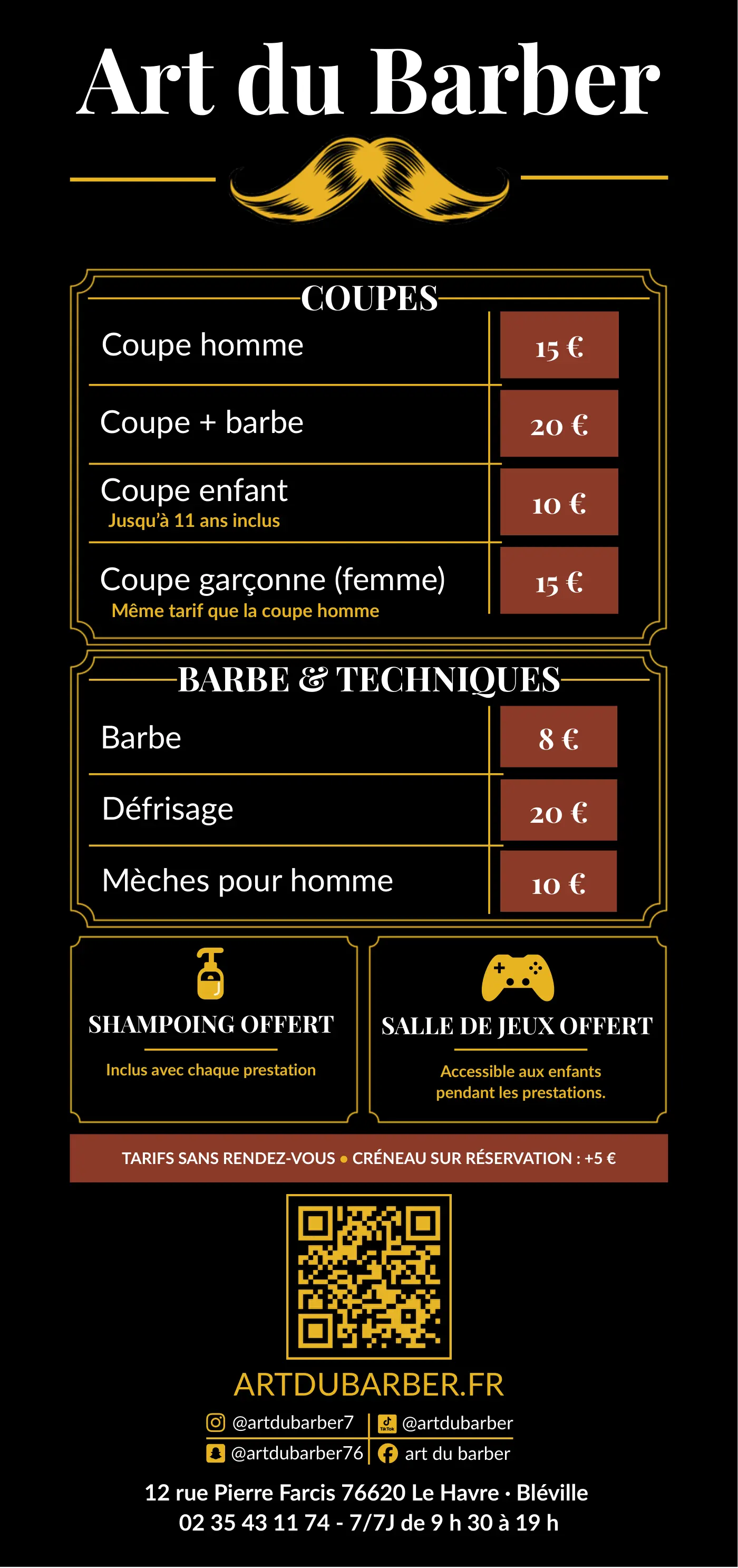 Recto du flyer Art du Barber : coupes, barbe, prix et coordonnées sur fond noir