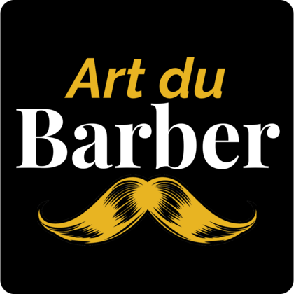 Logo Art du Barber, lettrage blanc et or avec moustache dorée